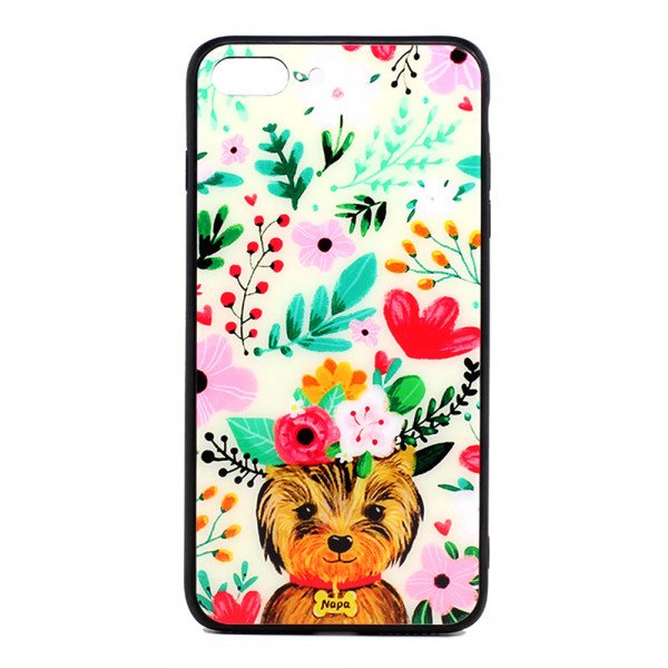 Wholesale iPhone 8 Plus / 7 Plus Design Tempered Glass Hybrid Case (Flower Dog)